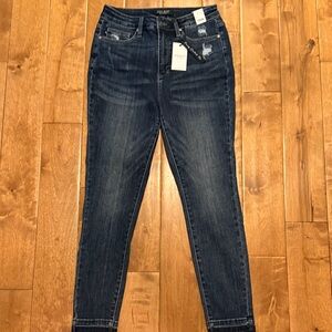 Judy Blue High Waist Tummy Control  Dark Blue Skinny Jeans with frayed hem